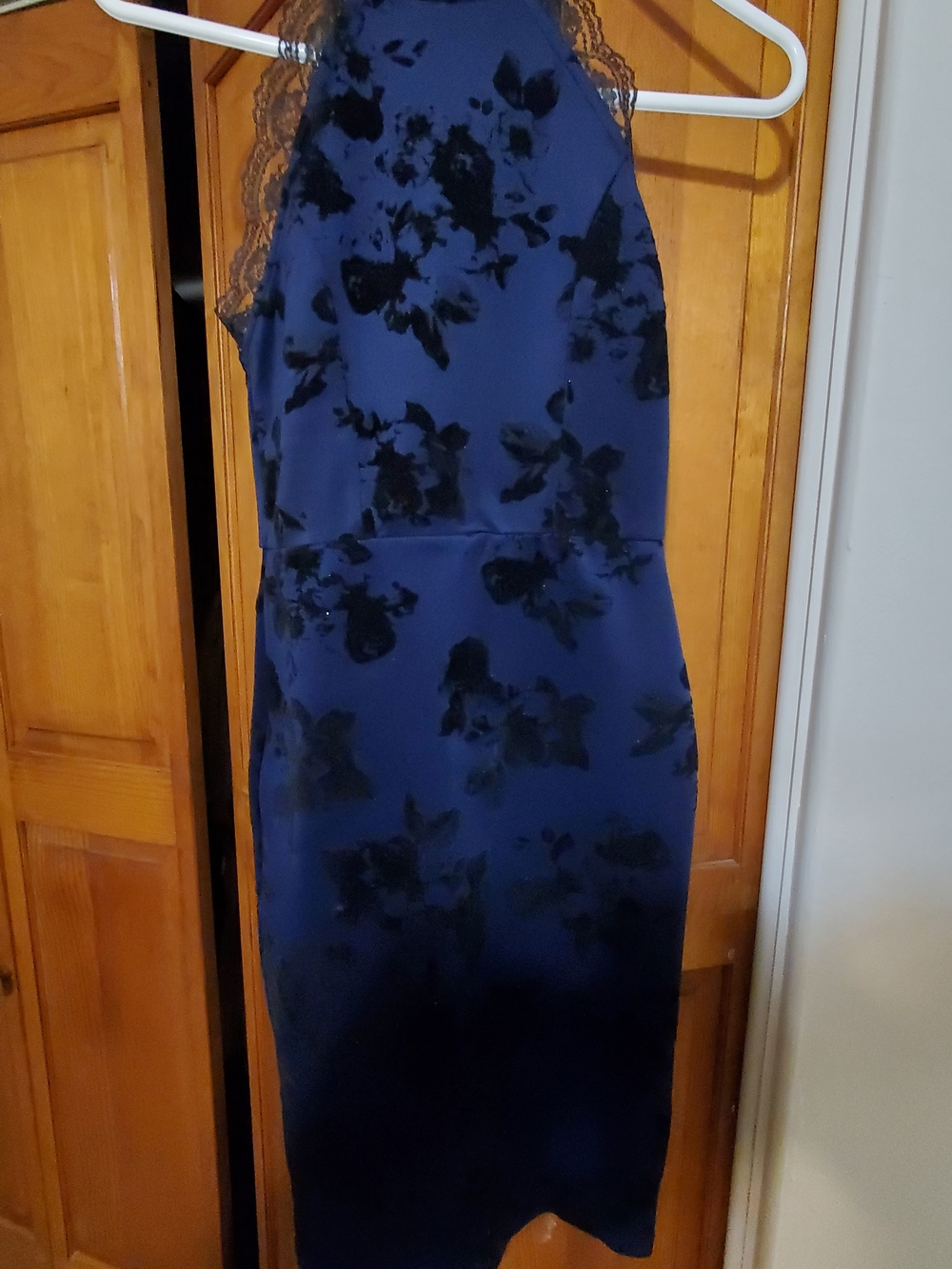 Navy Blue Floral Lace-Trim Halter Dress